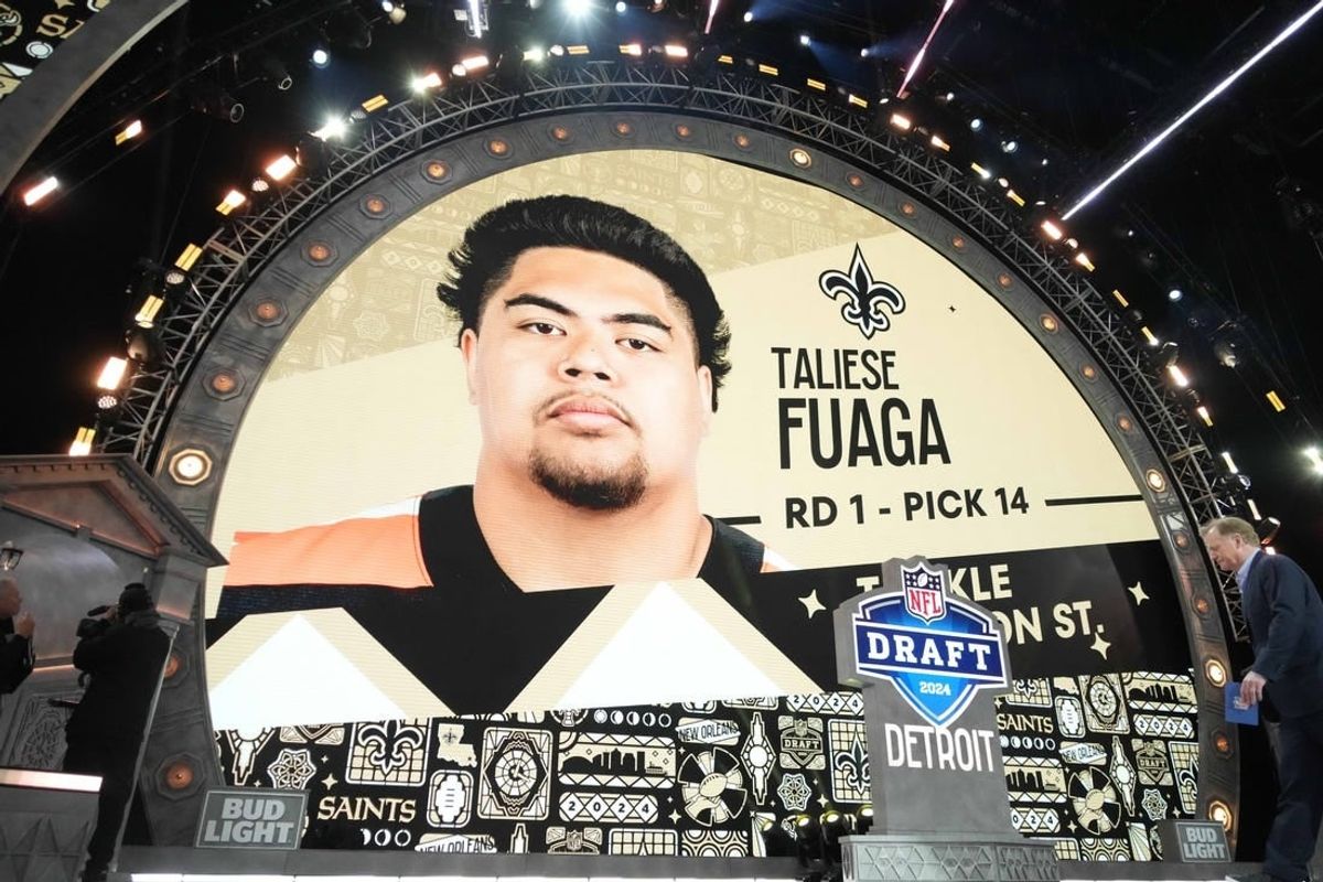 Apr 25, 2024; Detroit, MI, USA; Oregon State Beavers tackle Taliese Fuaga is selected as the No. 14 pick of the first round by the New Orleans Saints during the 2024 NFL Draft at Campus Martius Park and Hart Plaza.