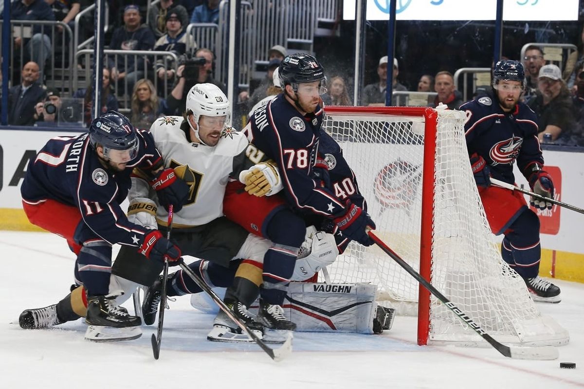 Mar 4, 2024; Columbus, Ohio, USA; Columbus Blue Jackets defenseman Damon Severson (78) clears a loose puck against the Vegas Golden Knights during the first period at Nationwide Arena.