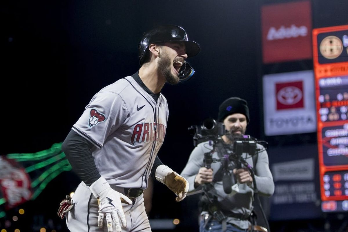 Apr 19, 2024; San Francisco, California, USA;  Arizona Diamondbacks designated hitter Blaze Alexander (9) reacts after hitting a grand slam against the San Francisco Giants during the eighth inning at Oracle Park.