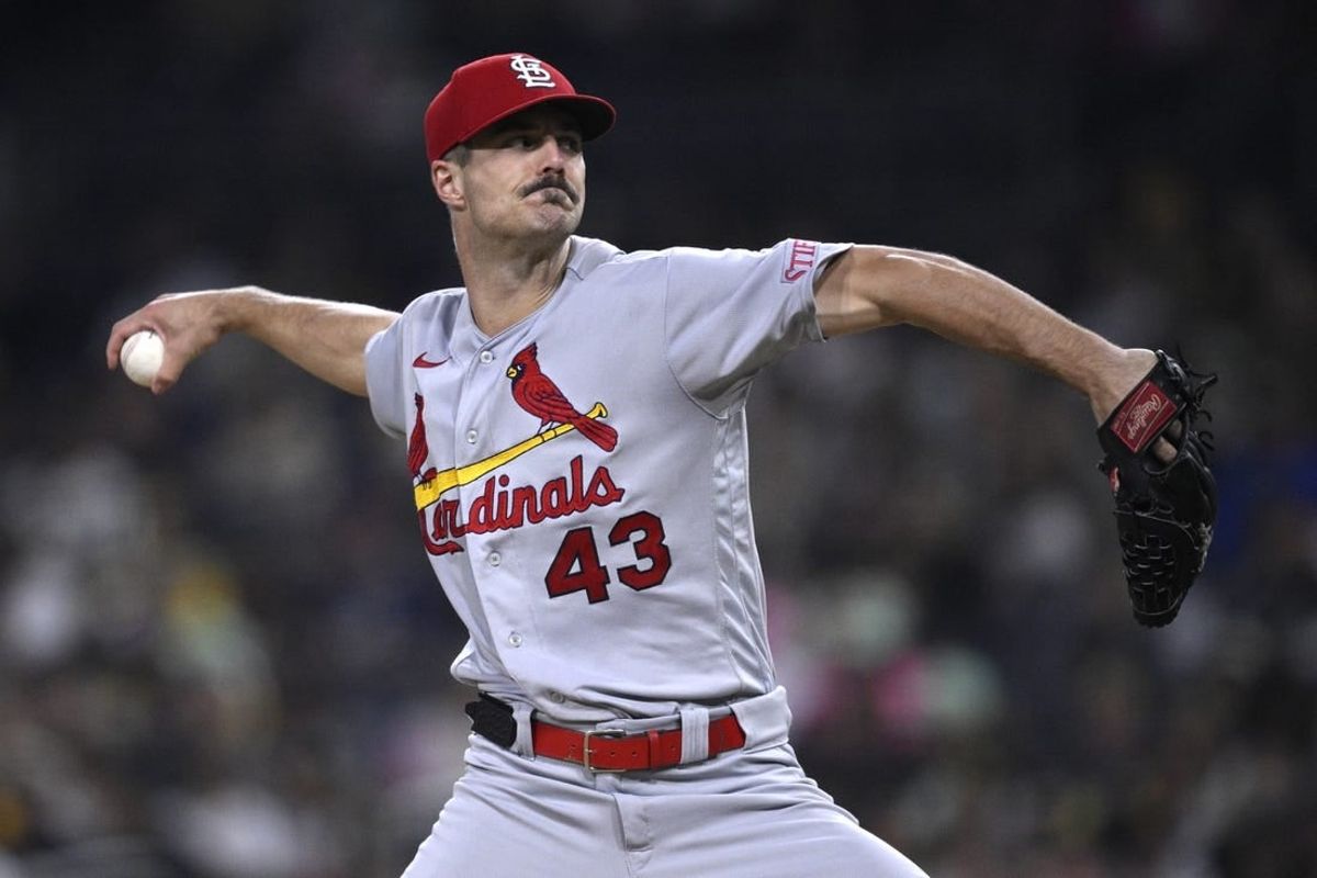 Sep 22, 2023; San Diego, California, USA; St. Louis Cardinals starting pitcher Dakota Hudson (43) throws a pitch against the San Diego Padres during the first inning at Petco Park.