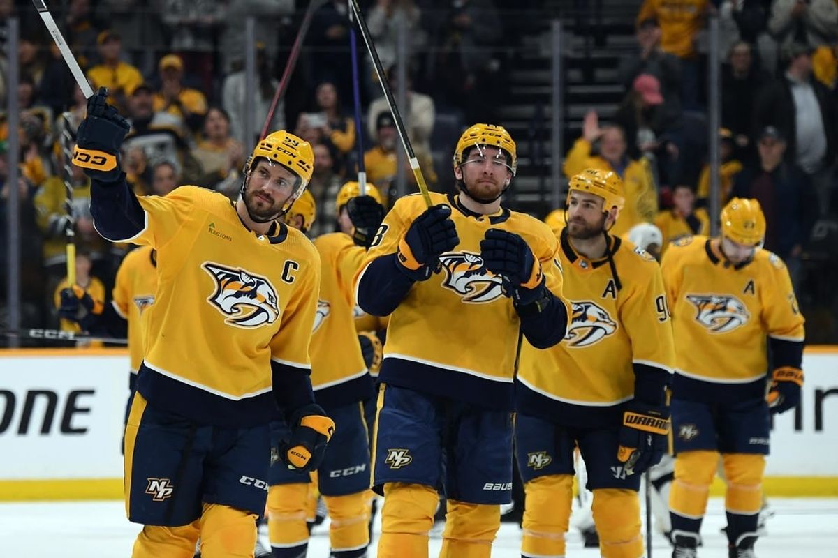 Mar 2, 2024; Nashville, Tennessee, USA; Nashville Predators defenseman Roman Josi (59) celebrates with teammates after a win against the Colorado Avalanche at Bridgestone Arena.