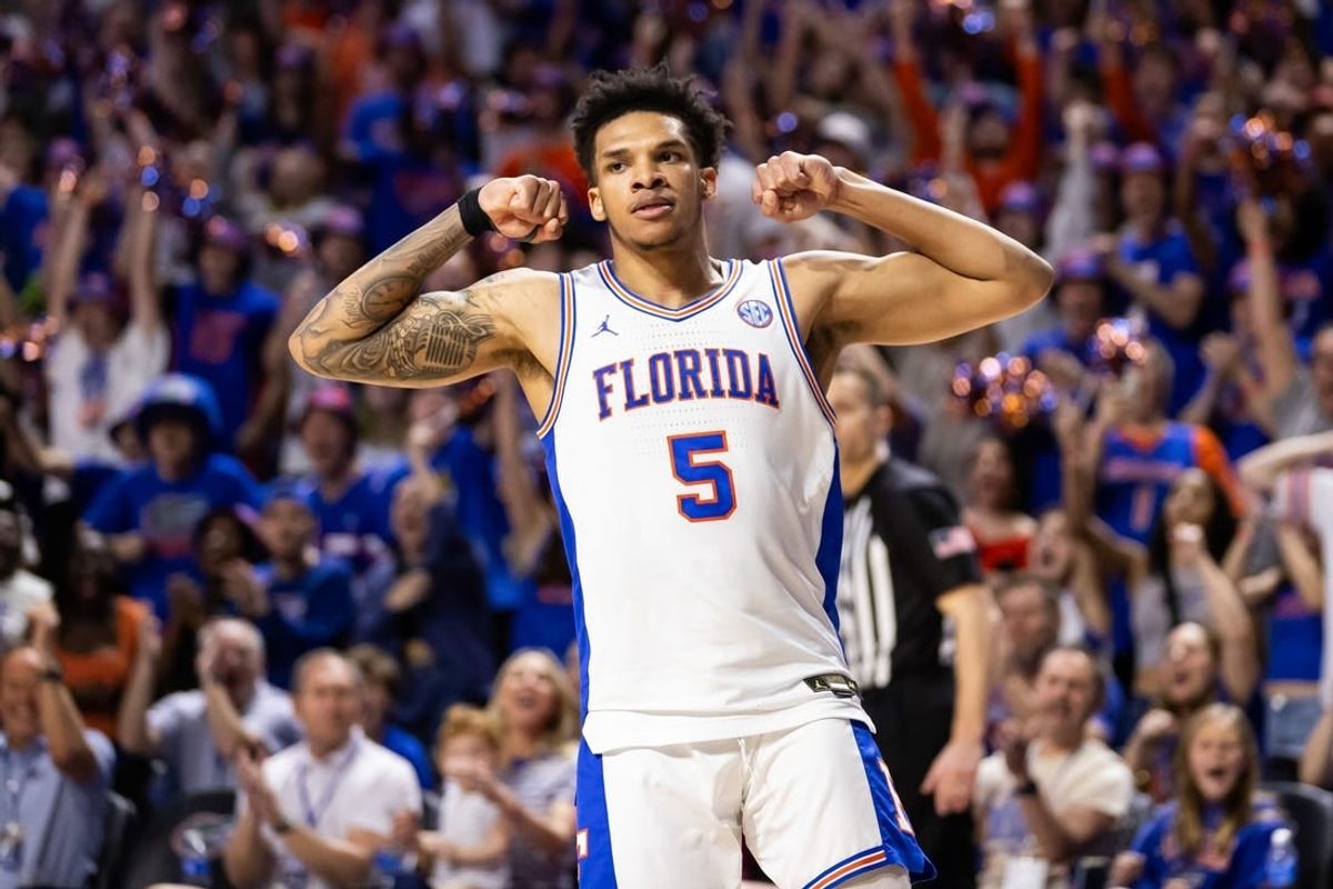 Jan 27, 2024; Gainesville, Florida, USA; Florida Gators guard Will Richard (5) gestures after a score against the Georgia Bulldogs during the second half at Exactech Arena at the Stephen C. O'Connell Center.
