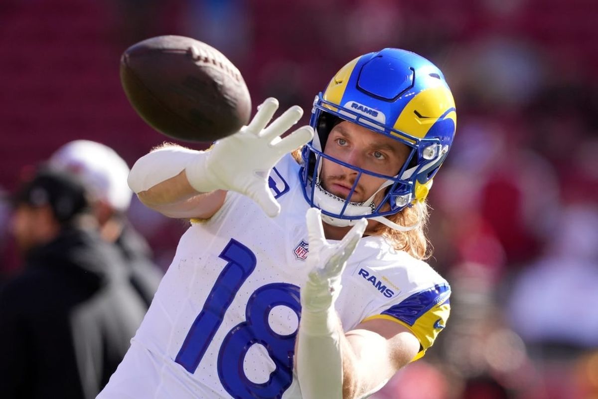 Jan 7, 2024; Santa Clara, California, USA; Los Angeles Rams wide receiver Ben Skowronek (18) warms up before the game against the San Francisco 49ers at Levi's Stadium.