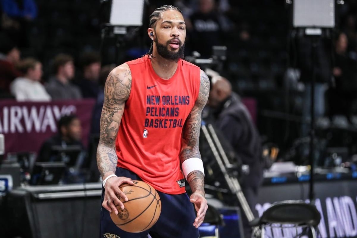 Mar 19, 2024; Brooklyn, New York, USA;  New Orleans Pelicans forward Brandon Ingram (14) warms up prior to the game against the Brooklyn Nets at Barclays Center.