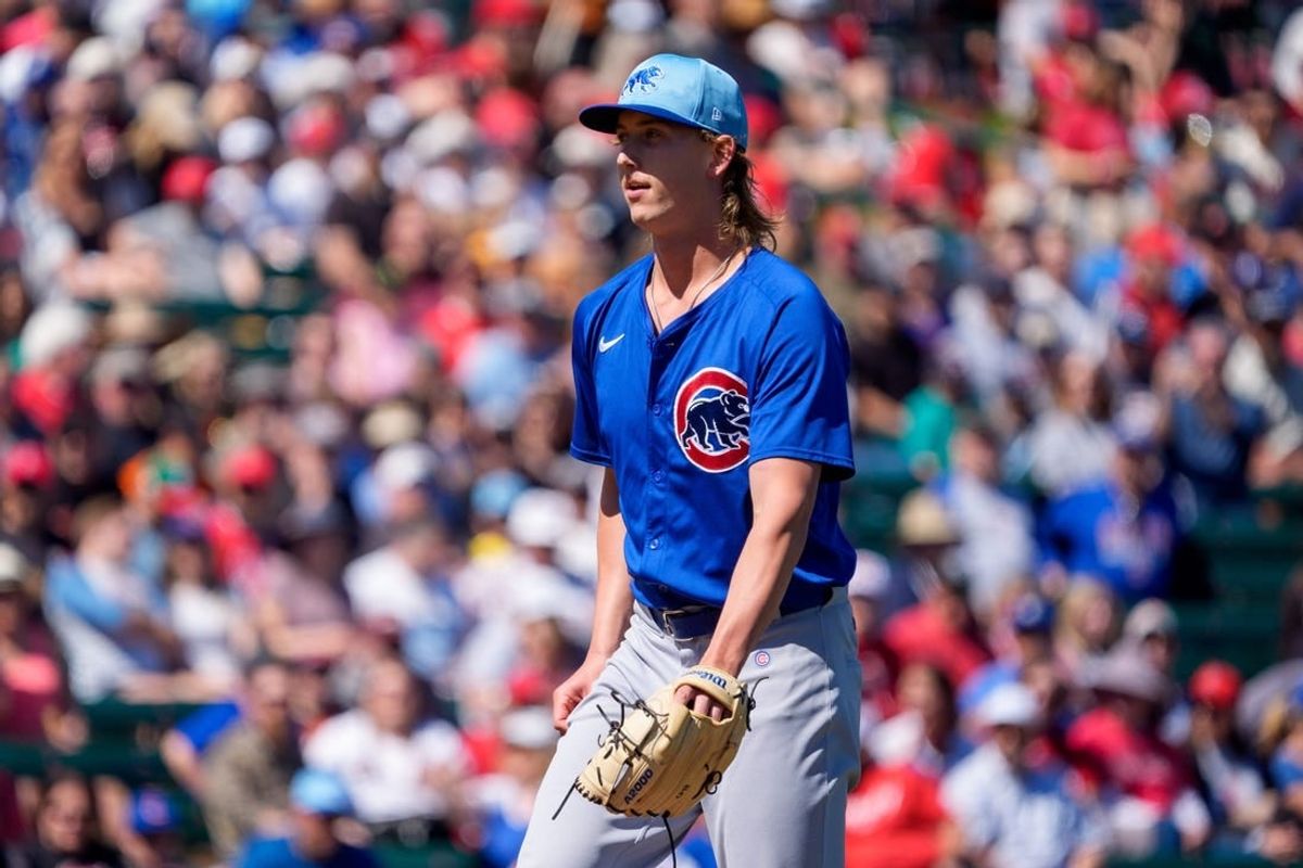 Mar 16, 2024; Tempe, Arizona, USA; Chicago Cubs pitcher Ben Brown (86) on the mound in the first during a spring training game against the Los Angeles Angels at Tempe Diablo Stadium.