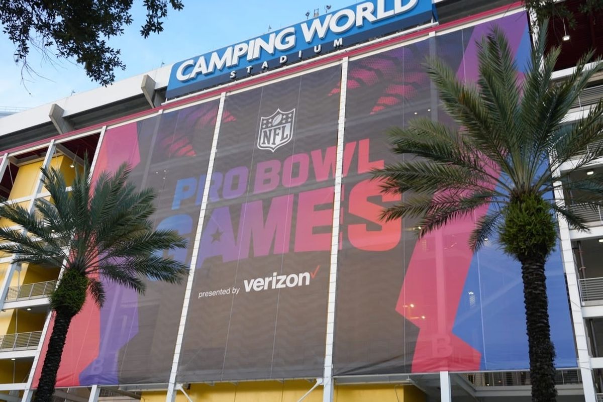 Feb 2, 2024; Orlando, FL, USA; The Pro Bowl Games logo on the Camping World Stadium facade.