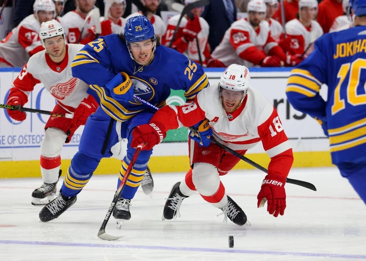 Dec 5, 2023; Buffalo, New York, USA;  Buffalo Sabres defenseman Owen Power (25) and Detroit Red Wings center Andrew Copp (18) go after a loose puck during the third period at KeyBank Center.