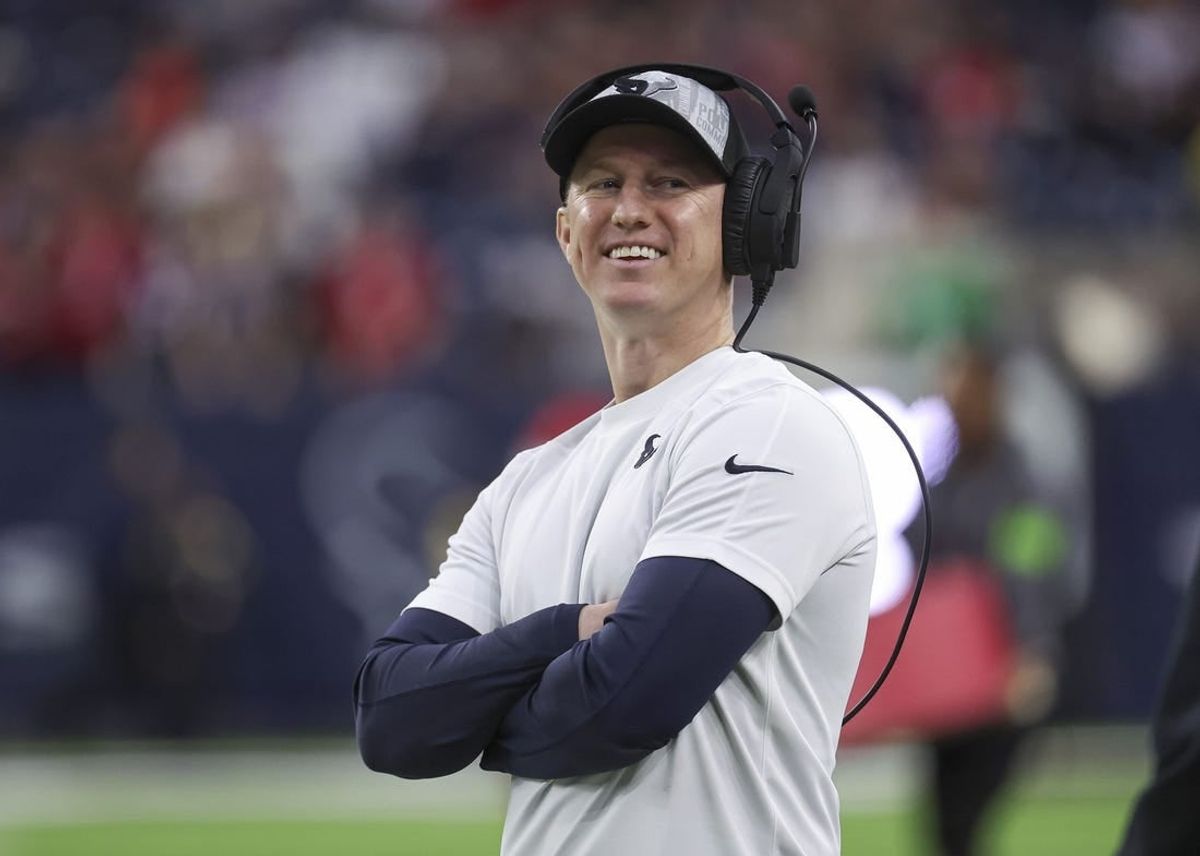 Dec 24, 2023; Houston, Texas, USA; Houston Texans offensive coordinator Bobby Slowik smiles before the game against the Cleveland Browns at NRG Stadium.