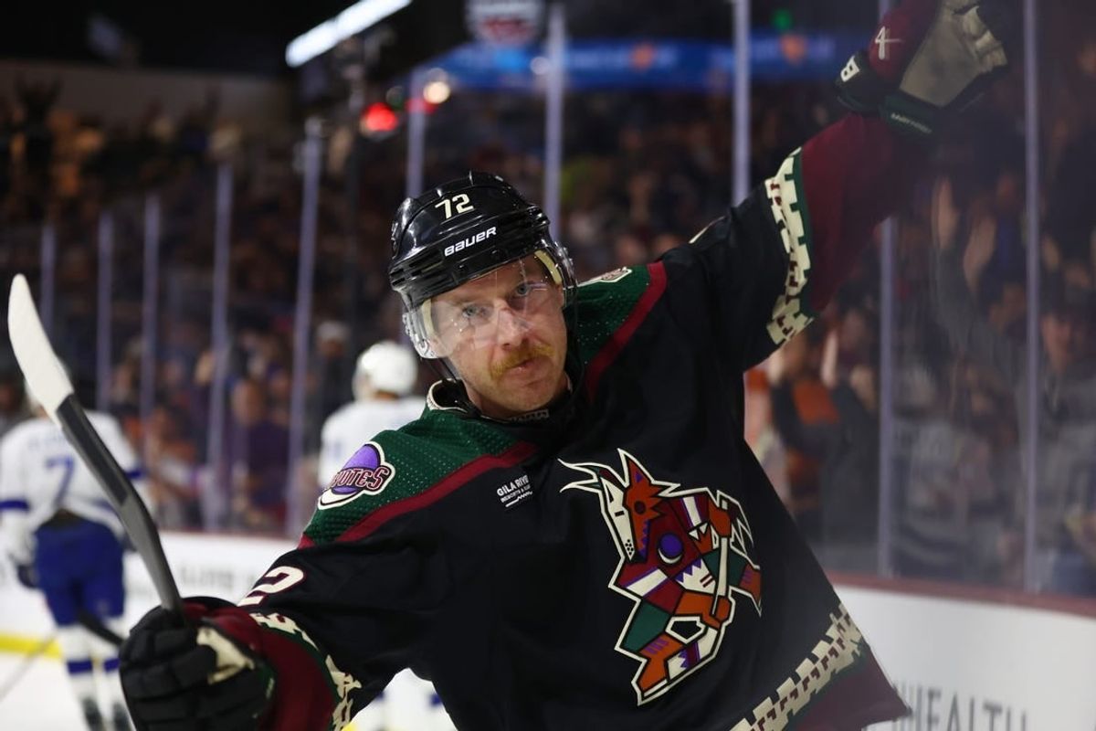 Nov 28, 2023; Tempe, Arizona, USA; Arizona Coyotes center Travis Boyd (72) celebrates after scoring a goal against the Tampa Bay Lightning in the second period at Mullett Arena.