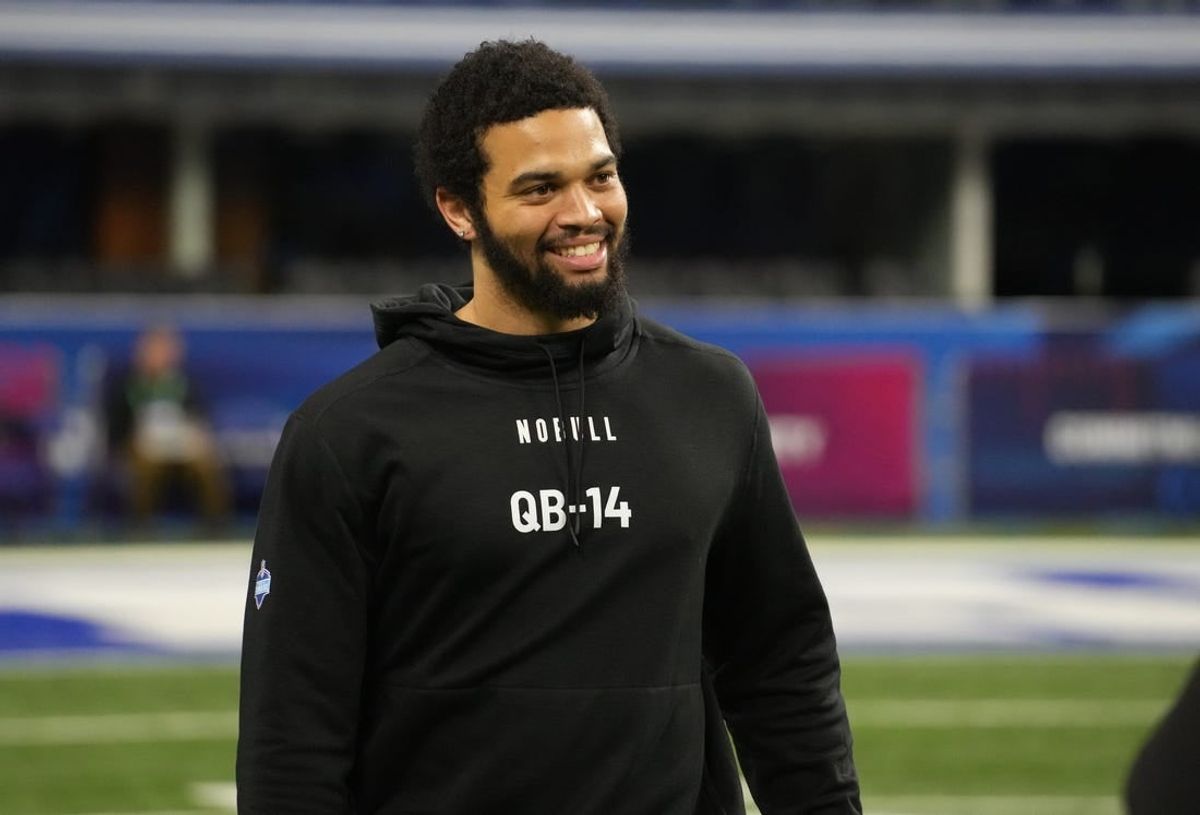 Mar 2, 2024; Indianapolis, IN, USA; Southern California quarterback Caleb Williams (QB14) during the 2024 NFL Combine at Lucas Oil Stadium.