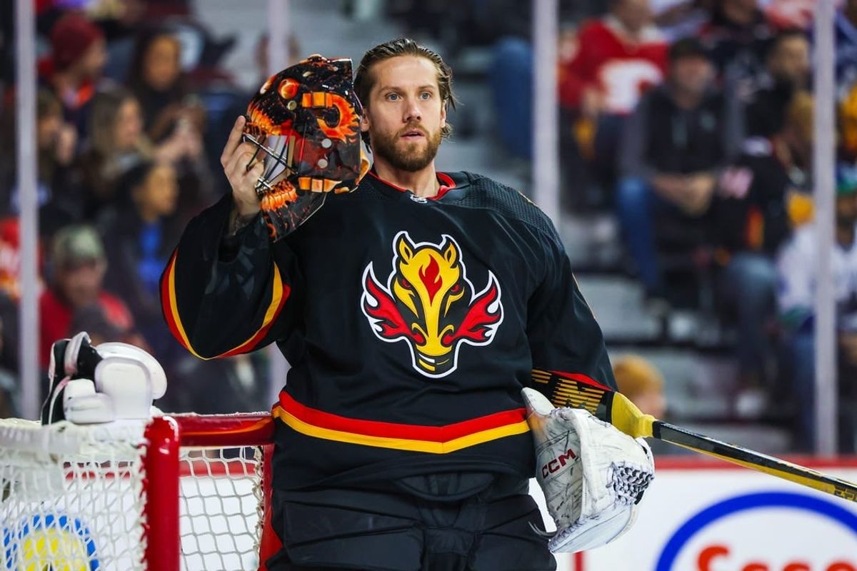 Dec 2, 2023; Calgary, Alberta, CAN; Calgary Flames goaltender Jacob Markstrom (25) during the first period against the Vancouver Canucks at Scotiabank Saddledome.