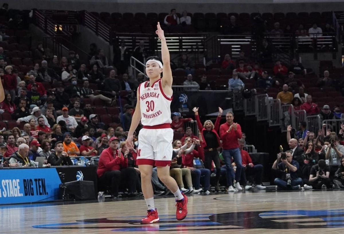 Mar 8, 2023; Chicago, IL, USA; Nebraska Cornhuskers guard Keisei Tominaga (30) gestures after making a three point basket against the Minnesota Golden Gophers during the first half at United Center.