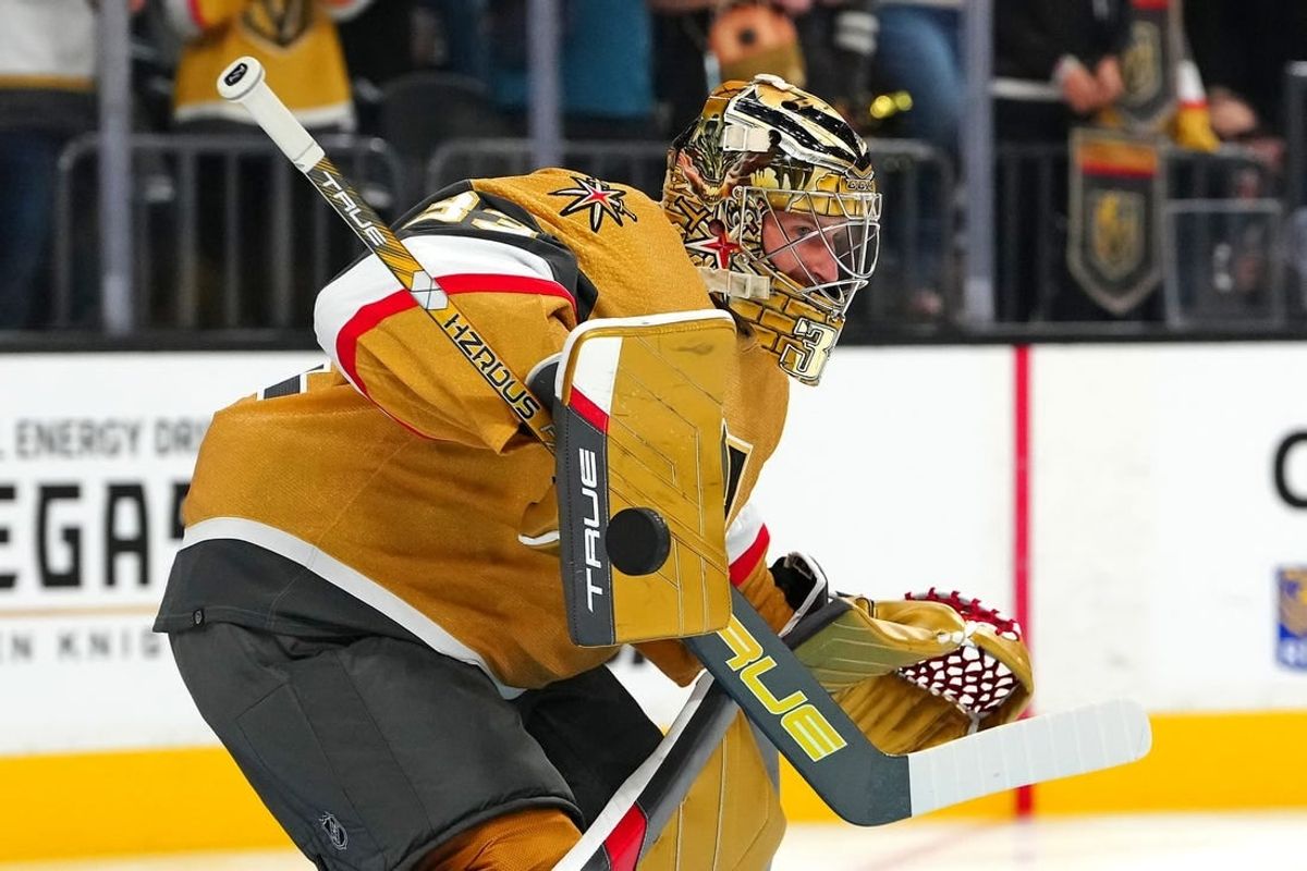 Sep 27, 2023; Las Vegas, Nevada, USA; Vegas Golden Knights goaltender Adin Hill (33) warms up before a preseason game against the Los Angeles Kings at T-Mobile Arena.