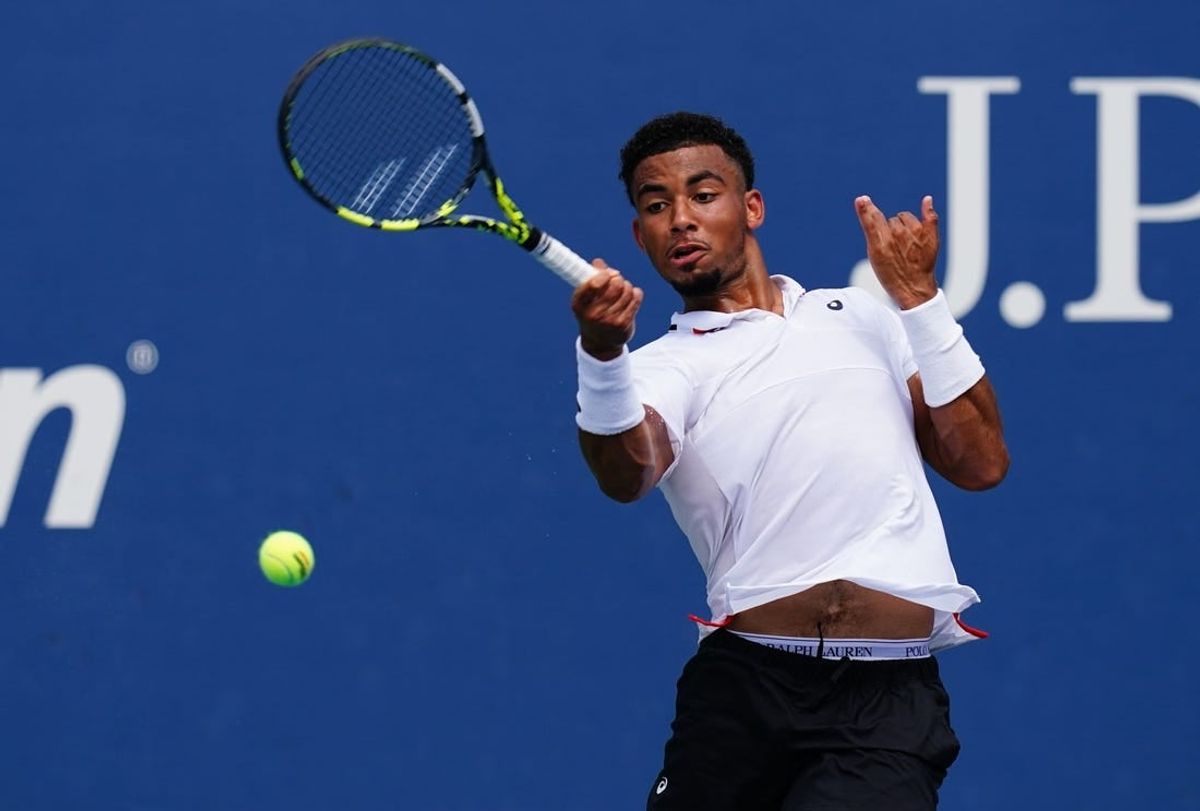 Aug 29, 2023; Flushing, NY, USA;  Arthur Fils of France hits a shot against Tallon Griekspoor of Netherlands on day two of the 2023 U.S. Open tennis tournament at the USTA Billie Jean King National Tennis Center.