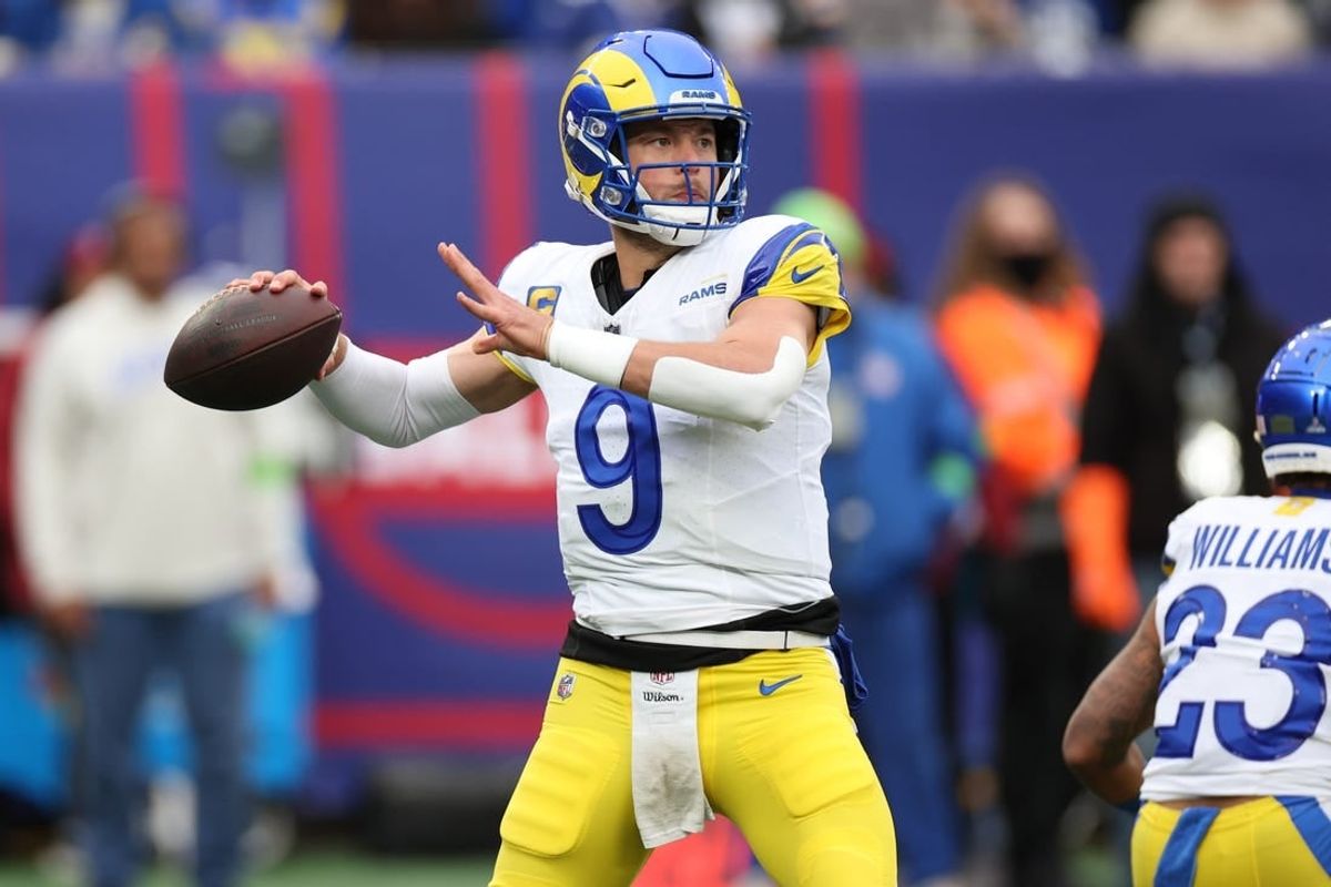 Dec 31, 2023; East Rutherford, New Jersey, USA; Los Angeles Rams quarterback Matthew Stafford (9) throws the ball during the first half against the New York Giants at MetLife Stadium.