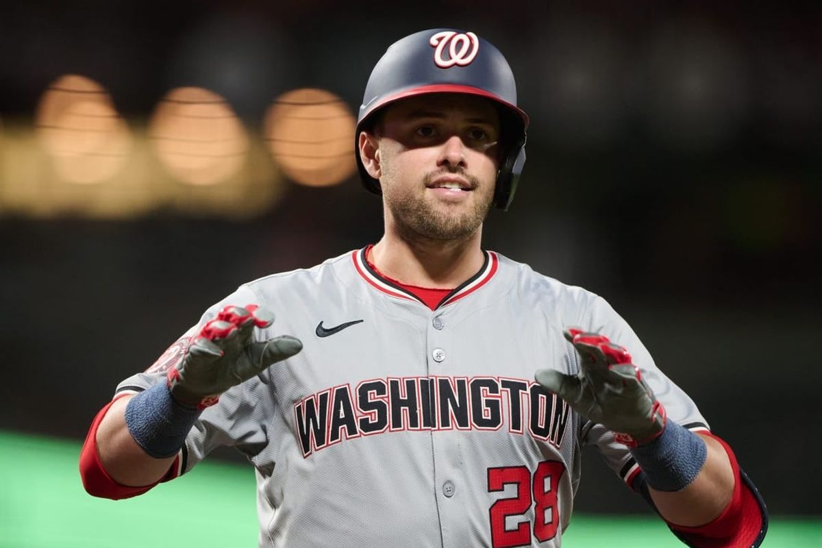 Apr 8, 2024; San Francisco, California, USA; Washington Nationals outfielder Lane Thomas (28) reacts after hitting a home run against the San Francisco Giants during the fifth inning at Oracle Park.
