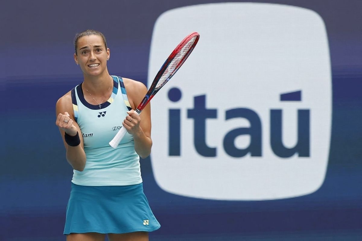 Mar 25, 2024; Miami Gardens, FL, USA; Caroline Garcia (FRA) celebrates after match point against Coco Gauff (USA) (not pictured) on day eight of the Miami Open at Hard Rock Stadium.