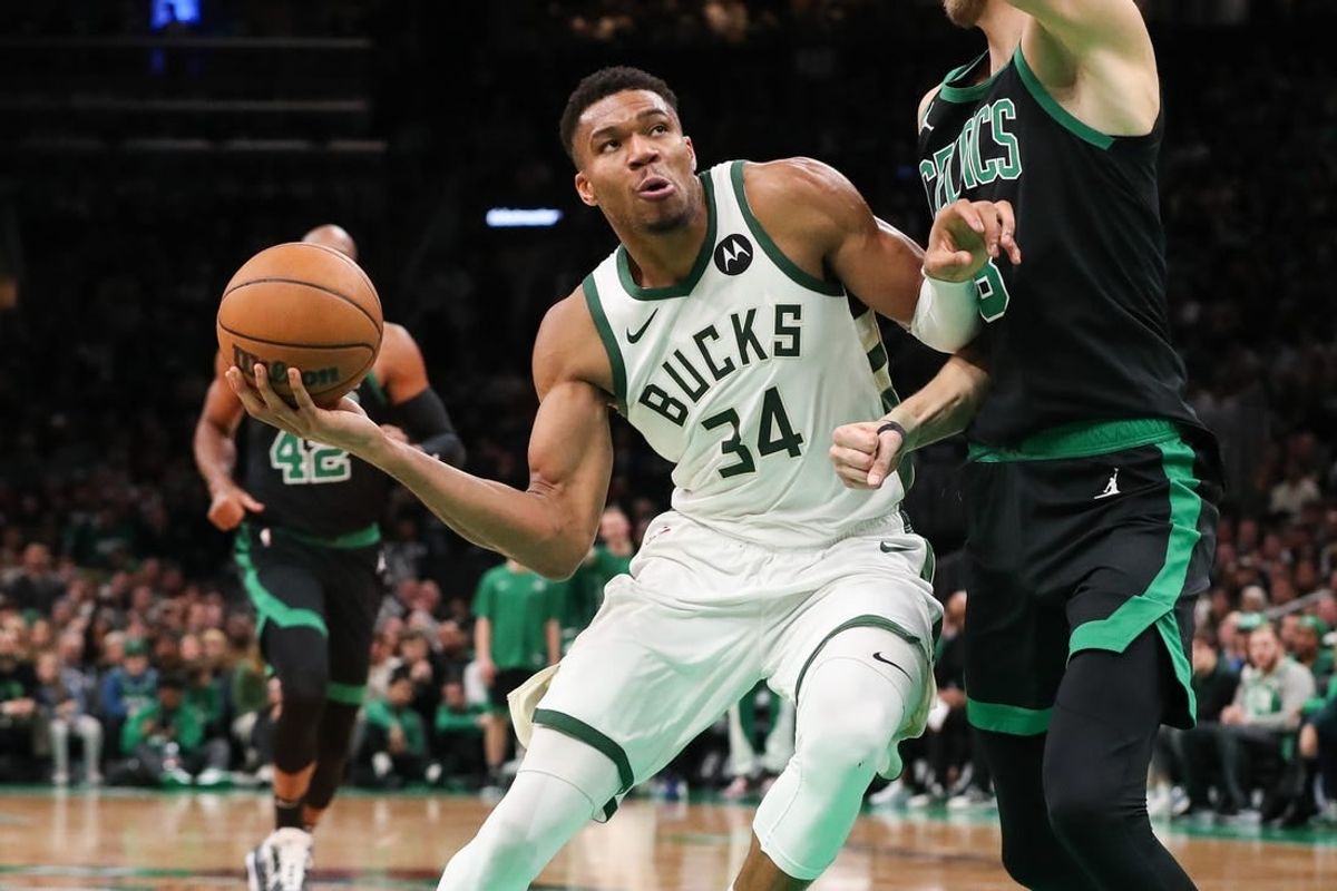 Nov 22, 2023; Boston, Massachusetts, USA; Milwaukee Bucks forward Giannis Antetokounmpo (34) drives to the basket during the second half against the Boston Celtics at TD Garden.