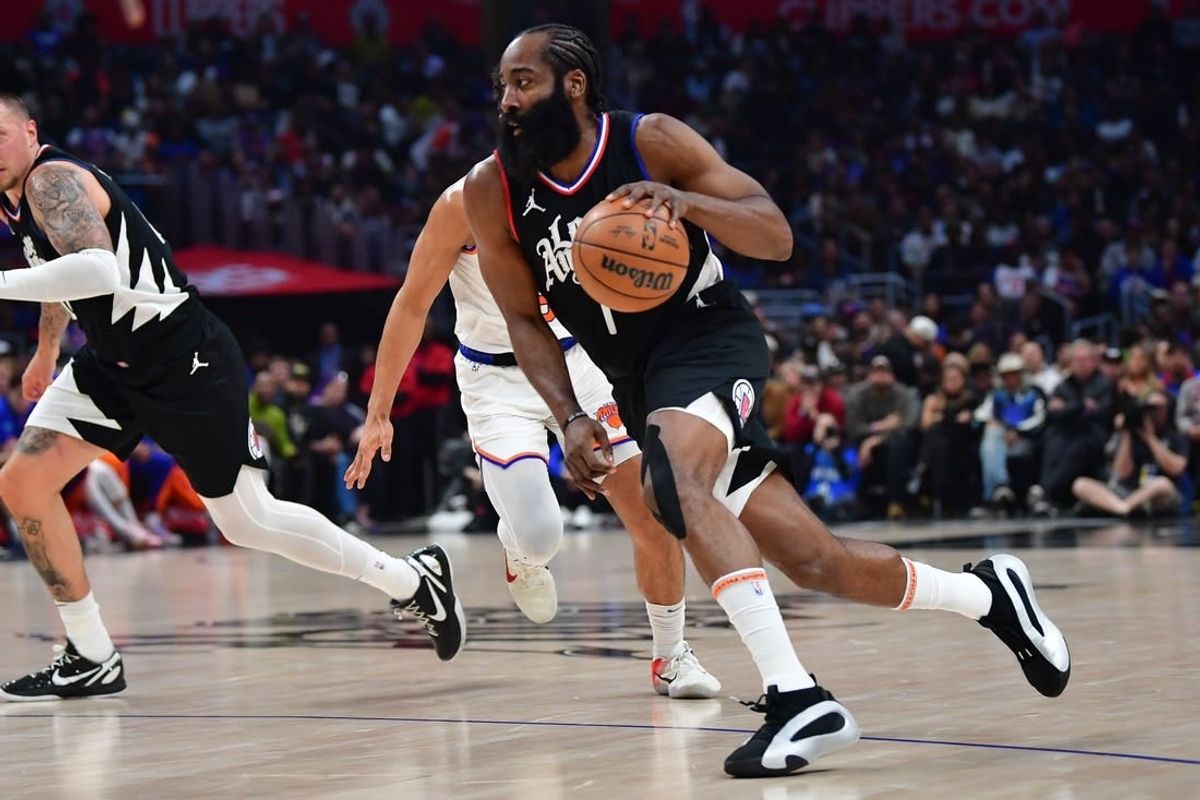 Dec 16, 2023; Los Angeles, California, USA; Los Angeles Clippers guard James Harden (1) moves to the basket against the New York Knicks during the first half at Crypto.com Arena.