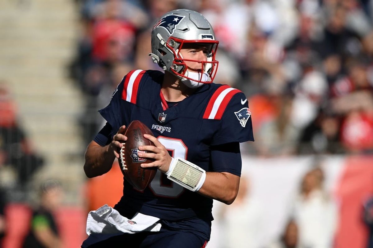 Oct 8, 2023; Foxborough, Massachusetts, USA; New England Patriots quarterback Mac Jones (10) looks to pass against the New Orleans Saints during the second half at Gillette Stadium.