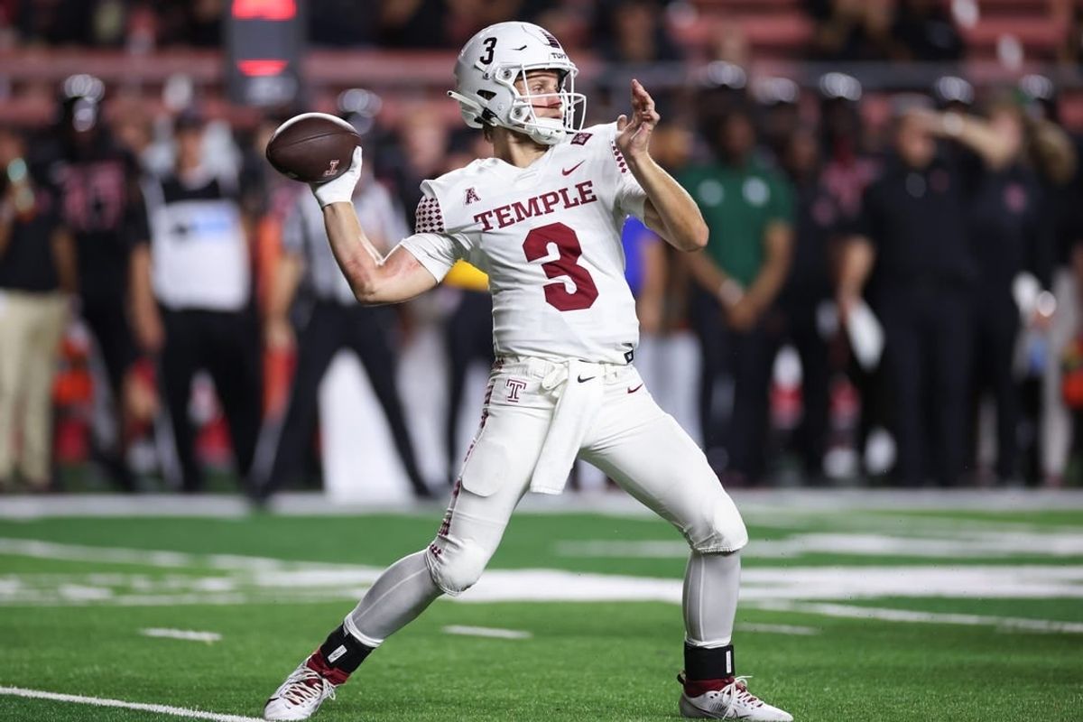 Sep 9, 2023; Piscataway, New Jersey, USA; Temple Owls quarterback E.J. Warner (3) throws the ball during the first half against the Rutgers Scarlet Knights at SHI Stadium.
