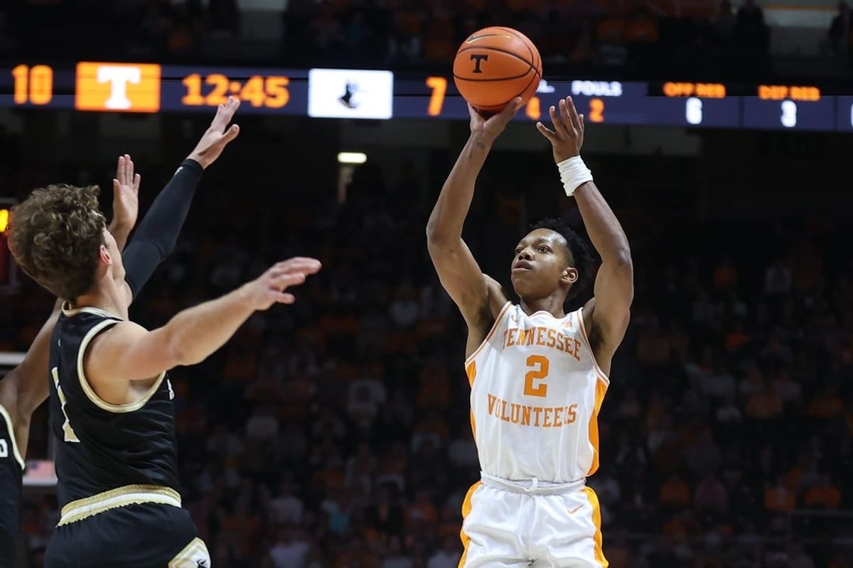 Nov 14, 2023; Knoxville, Tennessee, USA; Tennessee Volunteers guard Jordan Gainey (2) shoots a three pointer against the Wofford Terriers during the first half at Thompson-Boling Arena at Food City Center.