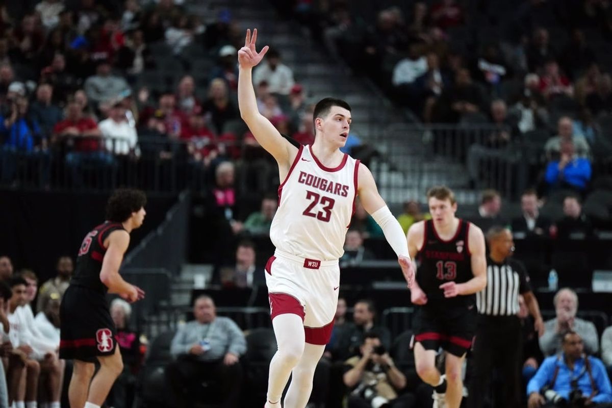 Mar 14, 2024; Las Vegas, NV, USA; Washington State Cougars forward Andrej Jakimovski (23) celebrates after a three-point basket against the Stanford Cardinal in the first half att T-Mobile Arena.