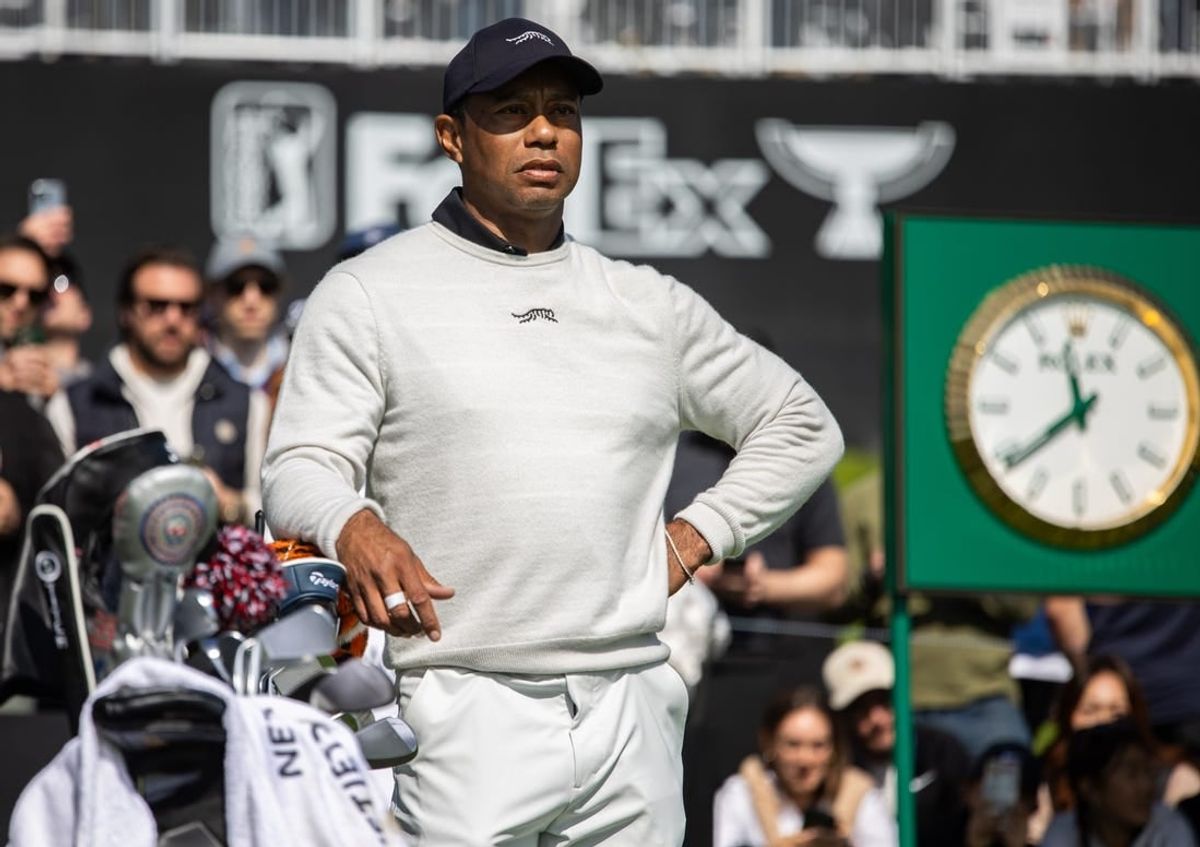Feb 15, 2024; Pacific Palisades, California, USA; Tiger Woods on the tenth hole during the first round of The Genesis Invitational golf tournament.