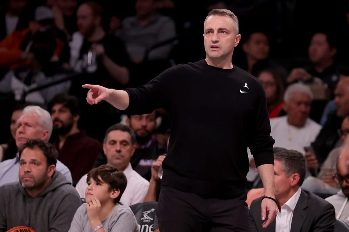 Nov 28, 2023; Brooklyn, New York, USA; Toronto Raptors head coach Darko Rajakovic coaches against the Brooklyn Nets during the second quarter at Barclays Center.
