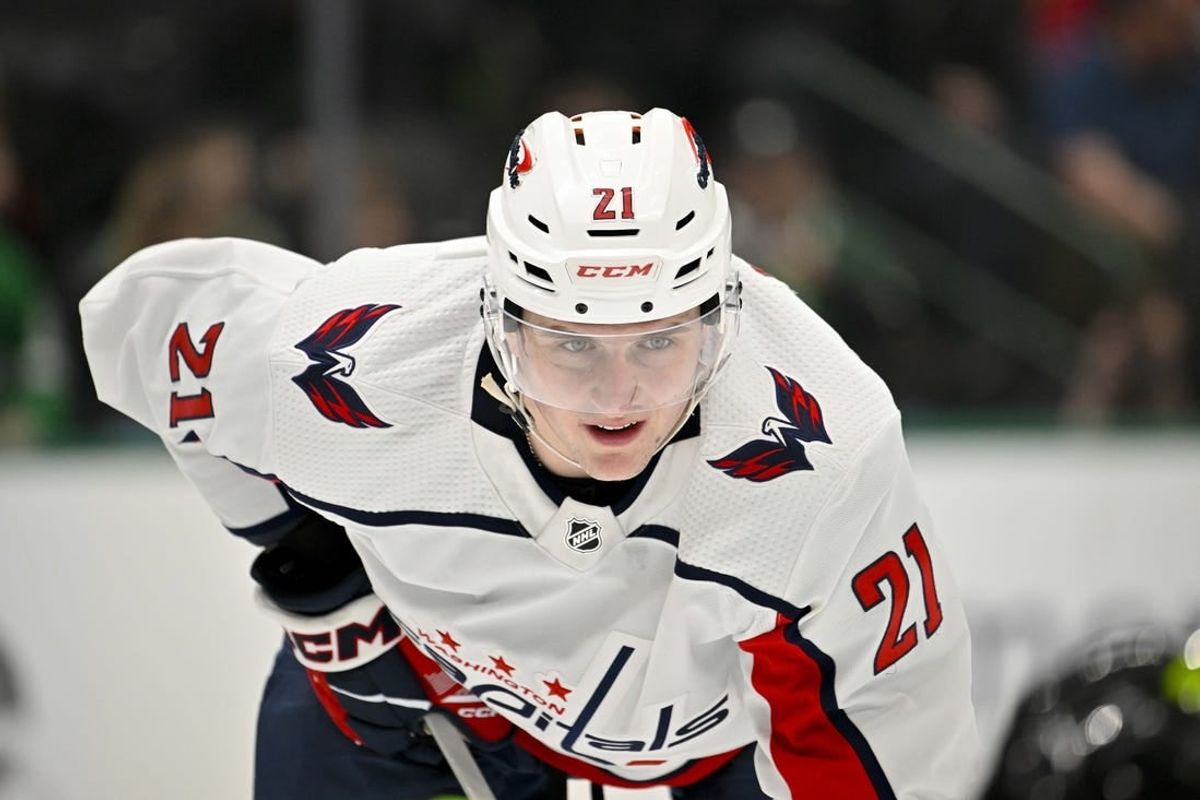 Jan 27, 2024; Dallas, Texas, USA; Washington Capitals center Aliaksei Protas (21) during the game between the Dallas Stars and the Washington Capitals at the American Airlines Center.