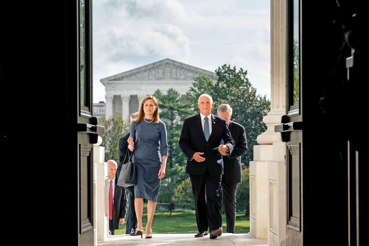 Trump Supreme Court nominee Amy Coney Barrett vice president Mike Pence at U.S. Capitol to meet senators.