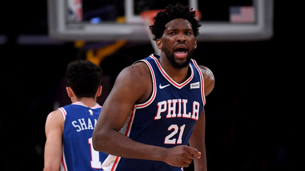 Joel Embiid reacts after hitting a three in last night’s win over the Lakers.
