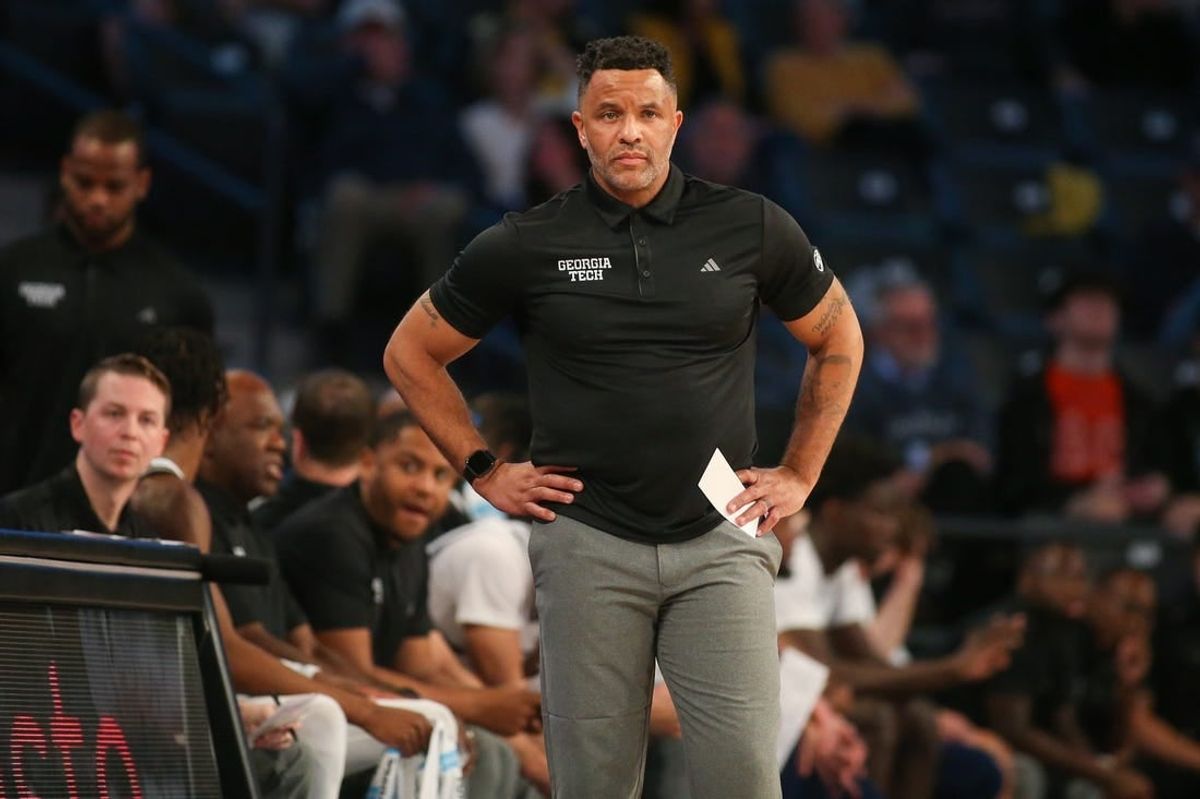 Dec 9, 2023; Atlanta, Georgia, USA; Georgia Tech Yellow Jackets head coach Damon Stoudamire on the sideline against the Alabama A&M Bulldogs in the first half at McCamish Pavilion.