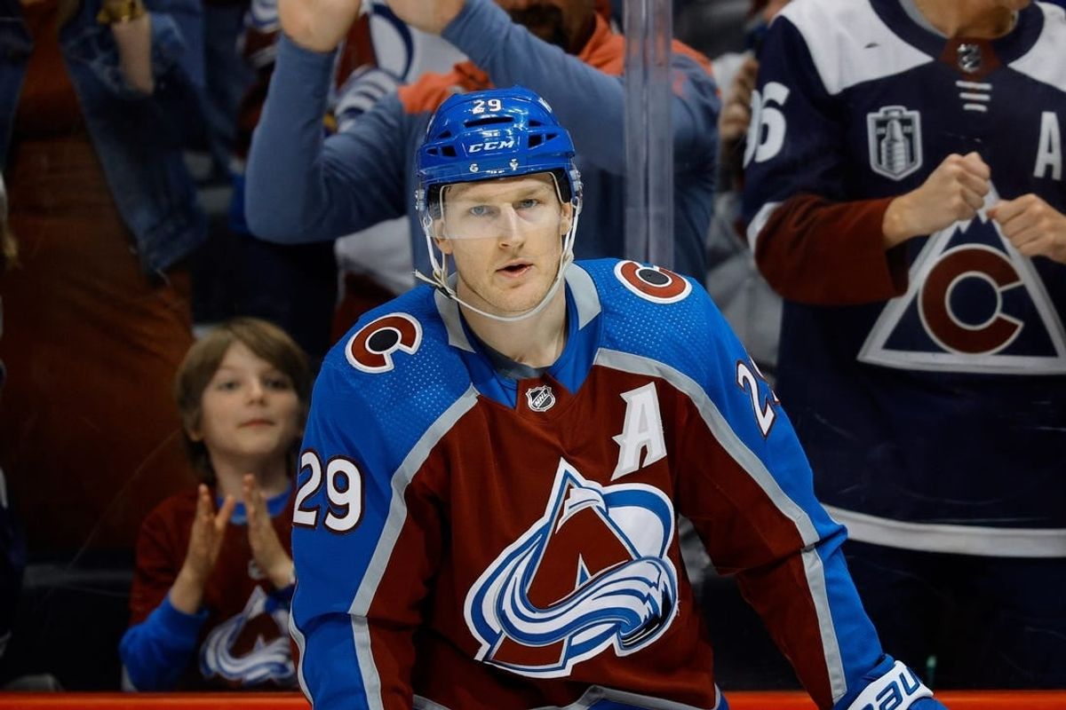 Mar 22, 2024; Denver, Colorado, USA; Colorado Avalanche center Nathan MacKinnon (29) after his goal in the third period against the Columbus Blue Jackets at Ball Arena.