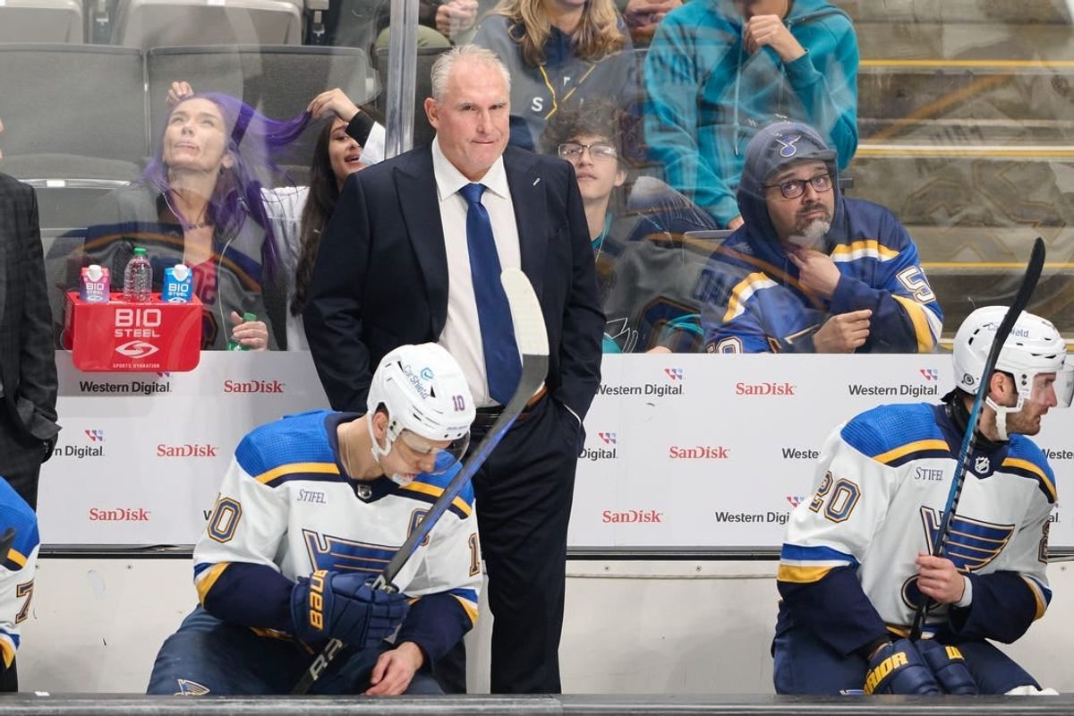 Nov 16, 2023; San Jose, California, USA; St. Louis Blues head coach Craig Berube watches the game from the bench against the San Jose Sharks during the third period at SAP Center at San Jose.