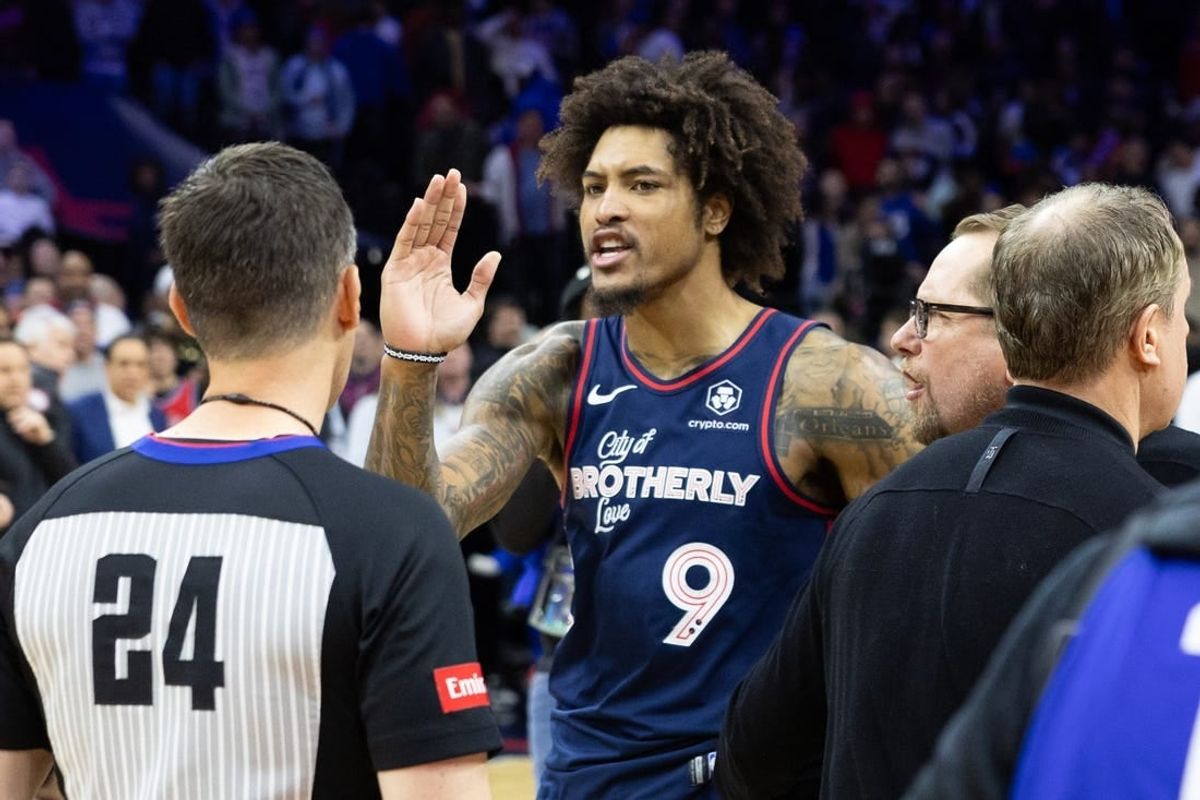 Mar 27, 2024; Philadelphia, Pennsylvania, USA; Philadelphia 76ers guard Kelly Oubre Jr. (9) and head coach Nick Nurse argue with referee Kevin Scott (24) after a loss to the LA Clippers at Wells Fargo Center.