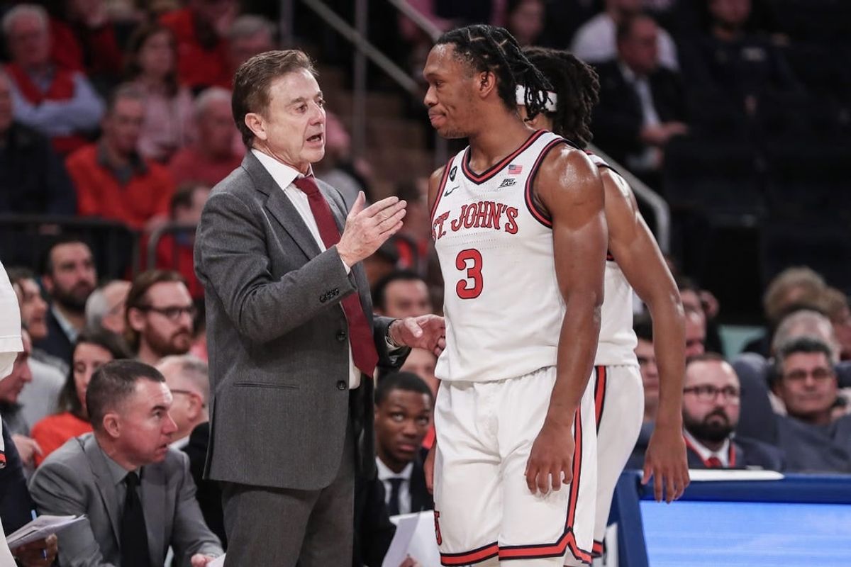 Nov 13, 2023; New York, New York, USA; St. John's Red Storm head coach Rick Pitino talks to guard Jordan Dingle (3) during a timeout in the second half against the Michigan Wolverines at Madison Square Garden.