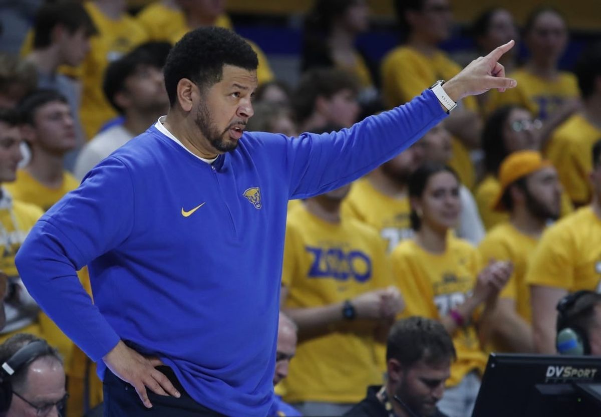 Dec 9, 2023; Pittsburgh, Pennsylvania, USA; Pittsburgh Panthers head coach Jeff Capel gestures on the sidelines against the Canisius Golden Griffins during the first half at the Petersen Events Center.
