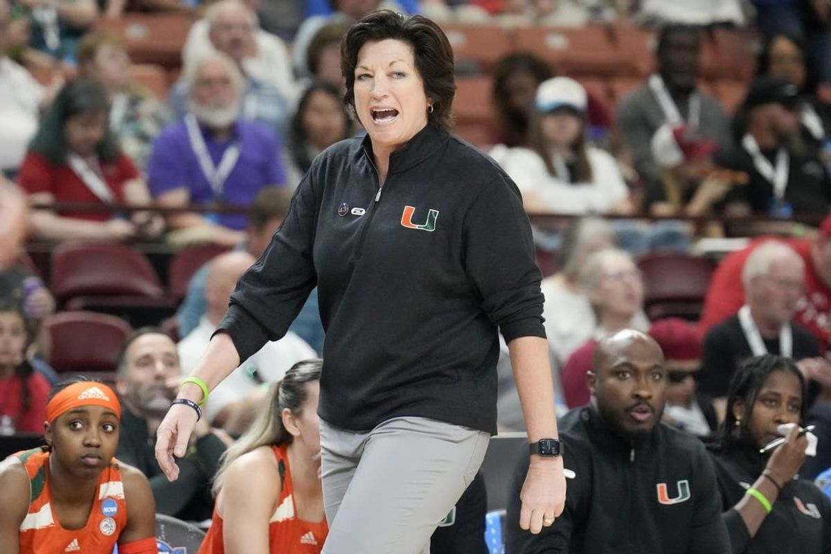 Mar 24, 2023; Greenville, SC, USA; Miami Hurricanes head coach Katie Meier during the second half of the NCAA Women   s Tournament against the Villanova Wildcats at Bon Secours Wellness Arena.