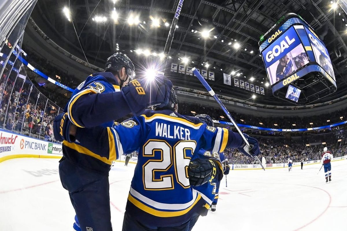 Mar 19, 2024; St. Louis, Missouri, USA;  St. Louis Blues right wing Alexey Toropchenko (13) celebrates with left wing Nathan Walker (26) after scoring against the Colorado Avalanche during the second period at Enterprise Center.