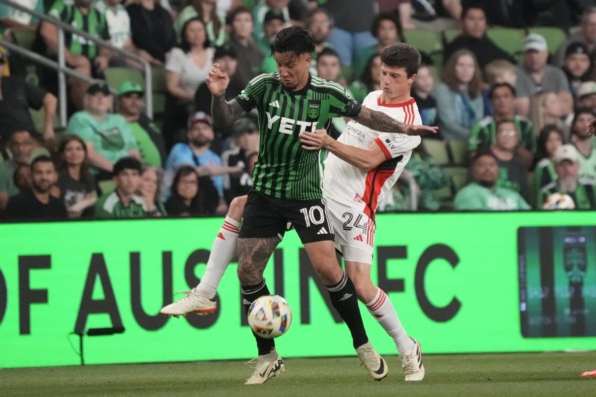 Apr 6, 2024; Austin, Texas, USA; Austin FC midfielder Sebastian Driussi (10) and San Jose Earthquakes defender Daniel Munie (24) battle for the ball in the second half at Q2 Stadium.