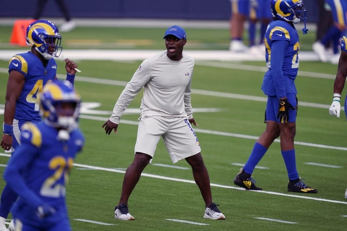 Aug 22, 2020; Inglewood California, USA; Los Angeles Rams safety coach Ejiro Evero  during a scrimmage at SoFi Stadium.