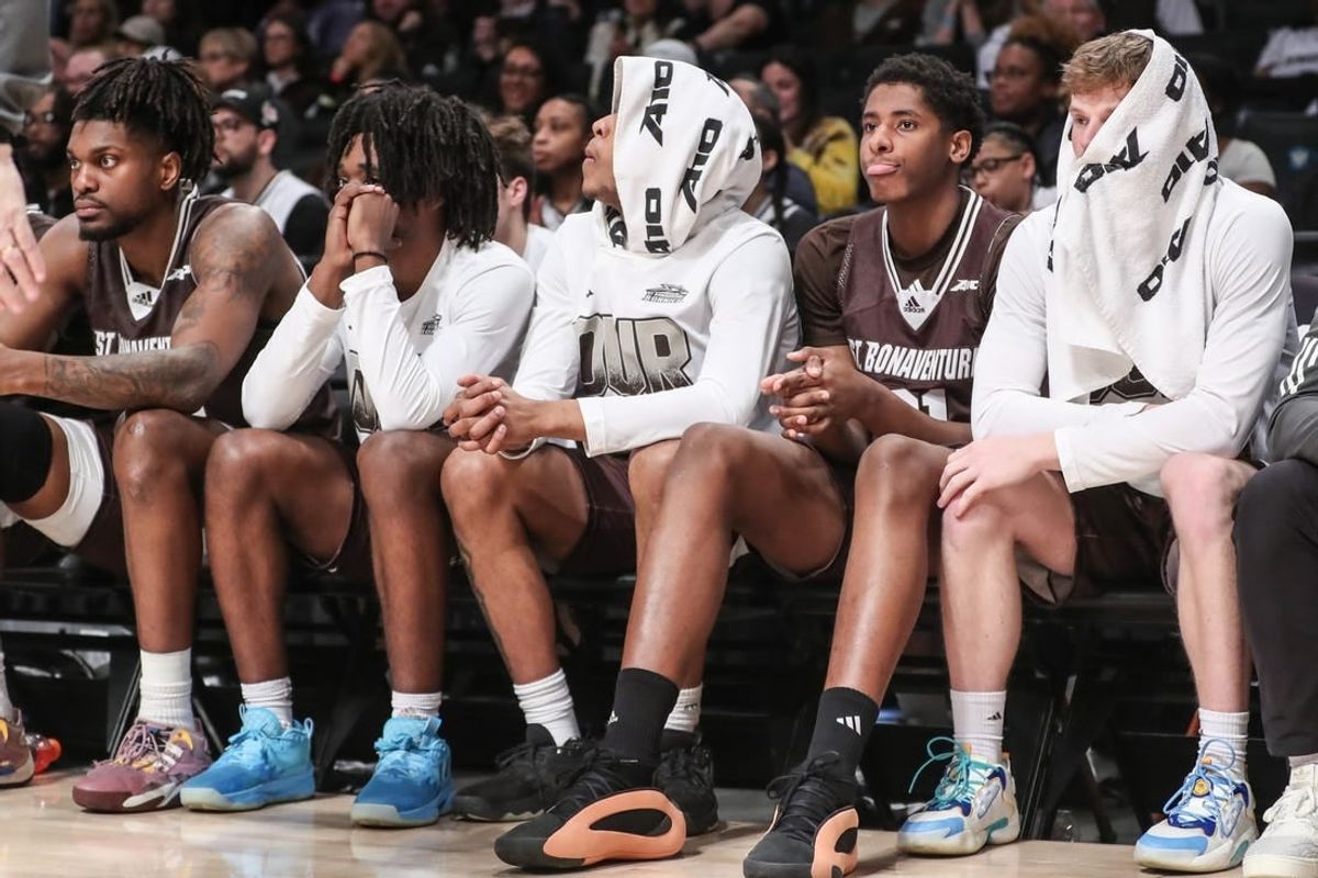 Mar 16, 2024; Brooklyn, NY, USA;  The St. Bonaventure Bonnies bench watches the game in the second half against the Duquesne Dukes at Barclays Center.