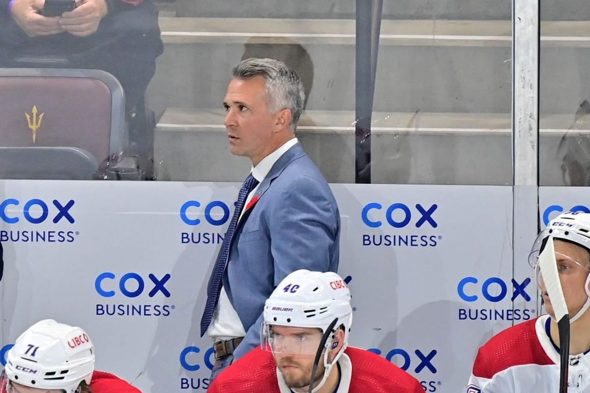 Nov 2, 2023; Tempe, Arizona, USA;  Montreal Canadiens head coach Martin St-Louis looks on in the third period against the Arizona Coyotes at Mullett Arena.