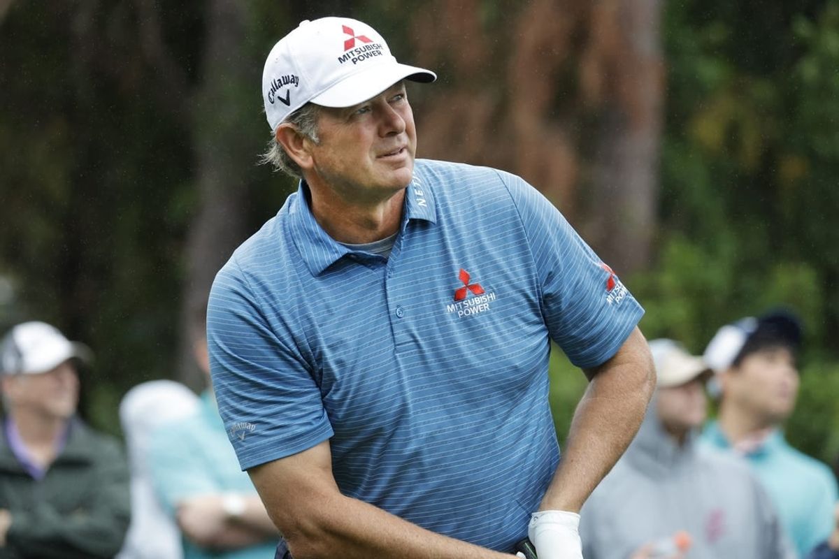 Dec 17, 2023; Orlando, Florida, USA;  Retief Goosen plays his shot from the first tee during the PNC Championship at The Ritz-Carlton Golf Club.