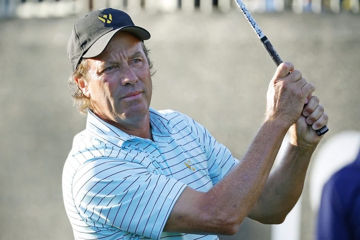 Dec 10, 2023; Bradenton, Florida, USA; Team International s Stephen Ames hits off of the first tee at The Concession Golf Club.