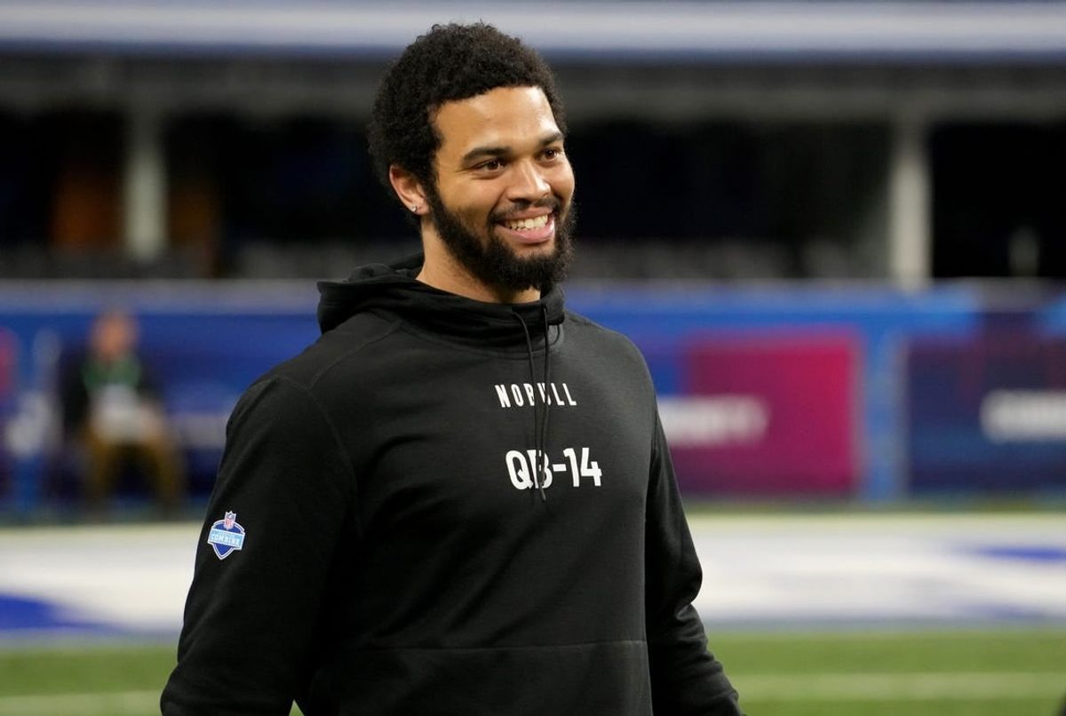 Mar 2, 2024; Indianapolis, IN, USA; Southern California quarterback Caleb Williams (QB14) during the 2024 NFL Combine at Lucas Oil Stadium.
