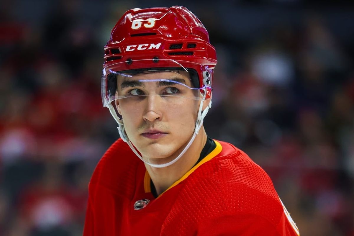 Nov 27, 2023; Calgary, Alberta, CAN; Calgary Flames center Adam Ruzicka (63) during the face off against the Vegas Golden Knights during the second period at Scotiabank Saddledome.