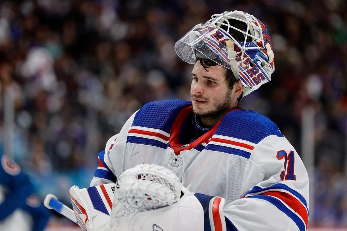 Mar 28, 2024; Denver, Colorado, USA; New York Rangers goaltender Igor Shesterkin (31) in overtime against the Colorado Avalanche at Ball Arena.
