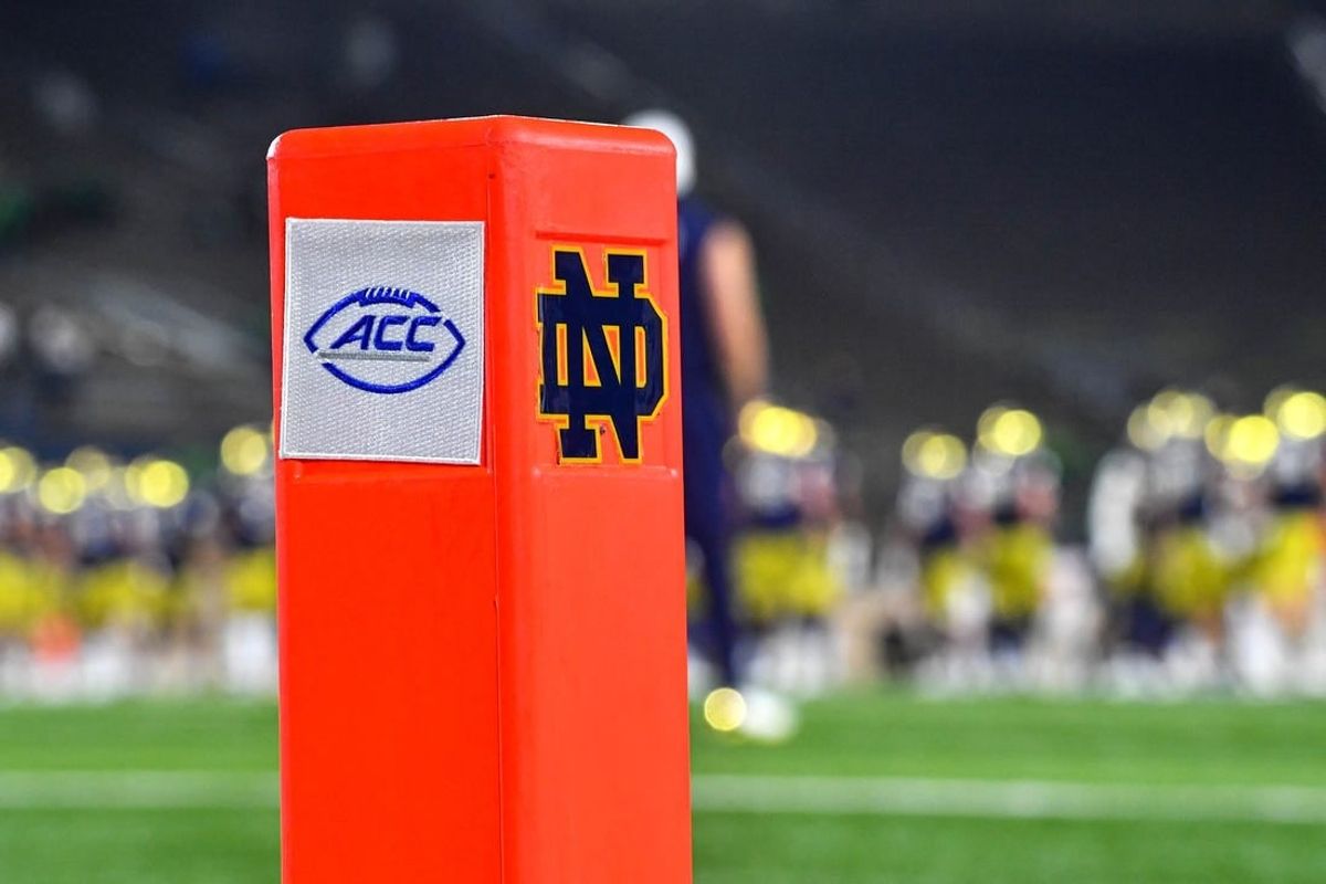 Nov 7, 2020; South Bend, Indiana, USA; An end zone pylon has the Notre Dame and ACC logos in at Notre Dame Stadium before the game between the Notre Dame Fighting Irish and the Clemson Tigers. Notre Dame is playing in the ACC in the 2020 season. Notre Dame defeated Clemson 47-40 in two overtimes.